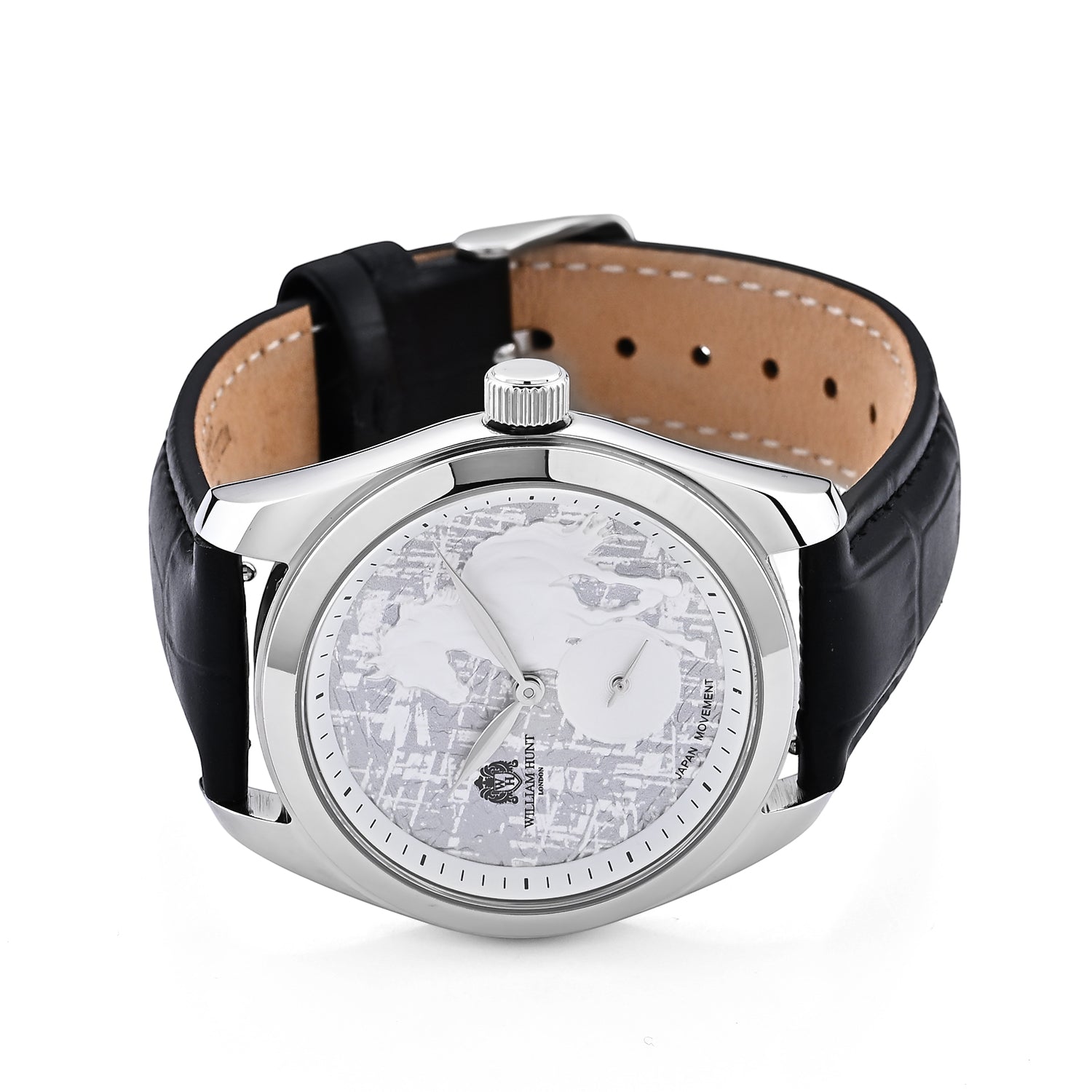 William Hunt Relief Horse Miyota 1L45 Japan Movement 5ATM WR Silver Hydraulic Meteorite Dial &amp; IPS Plating 304 Stainless Steel Case Mens Watch with Black Leather Strap 8676359 4