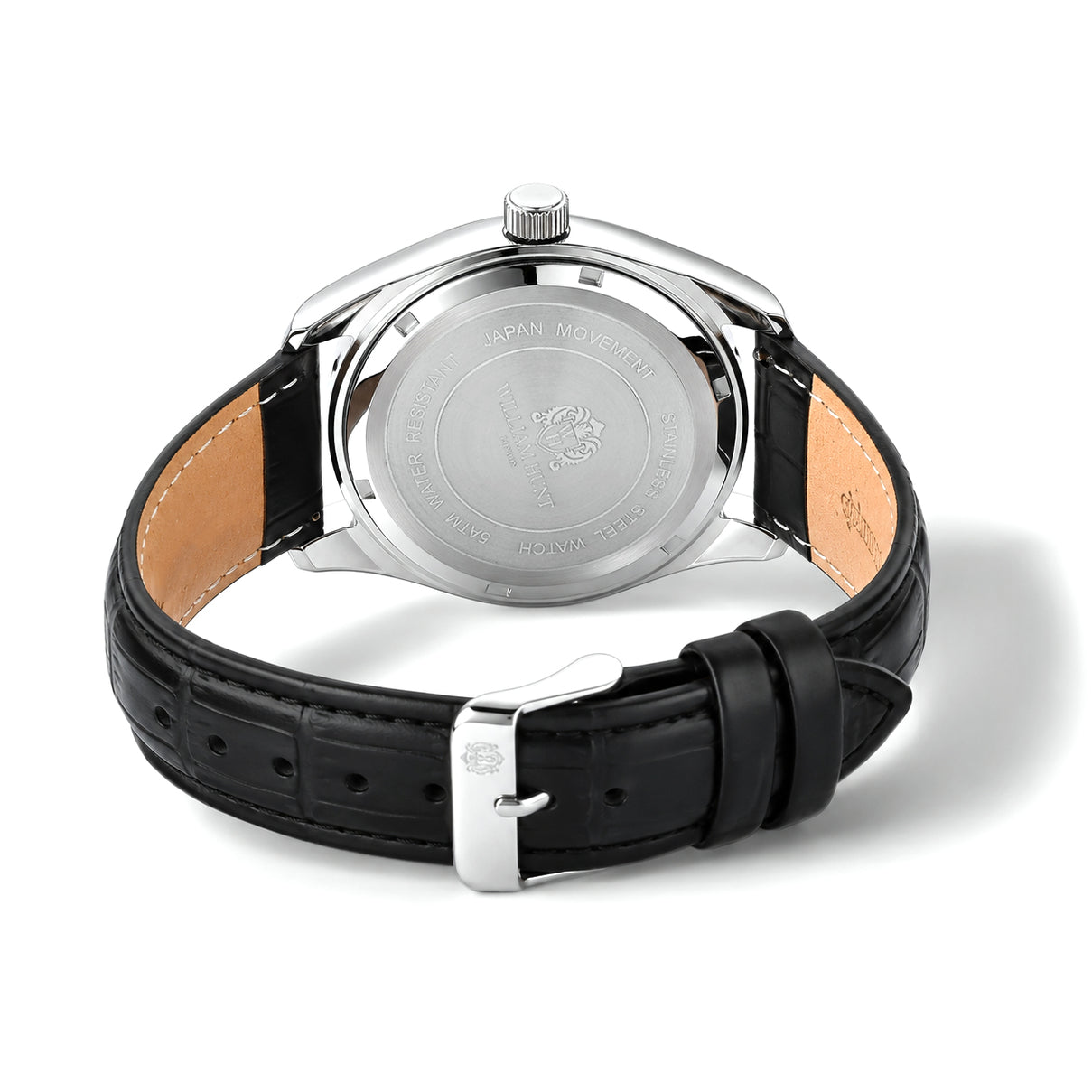William Hunt Relief Horse Miyota 1L45 Japan Movement 5ATM WR Silver Hydraulic Meteorite Dial &amp; IPS Plating 304 Stainless Steel Case Mens Watch with Black Leather Strap 8676359 6