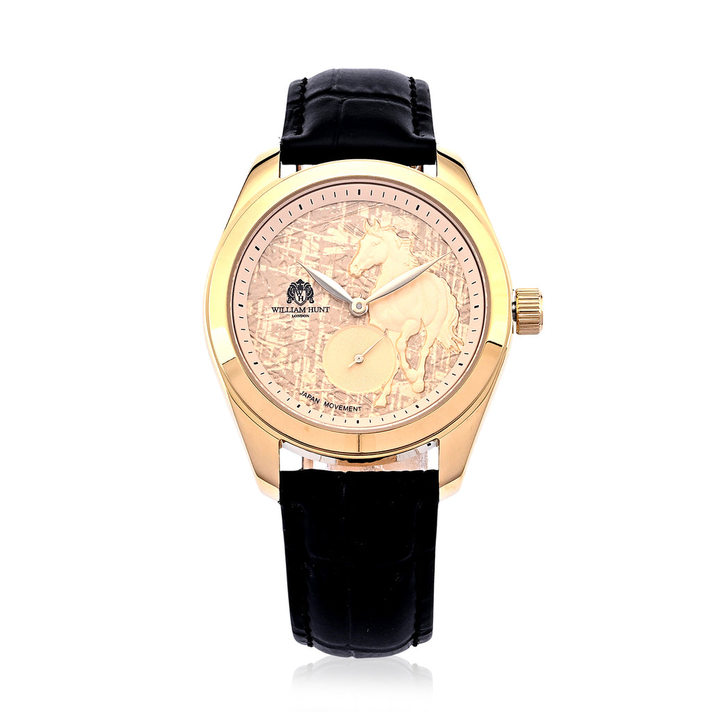 William Hunt Relief Horse Miyota 1L45 Japan Movement 5ATM WR Gold Hydraulic Meteorite Dial & IPG Plating 304 Stainless Steel Case Mens Watch with Black Leather Strap_8676363
