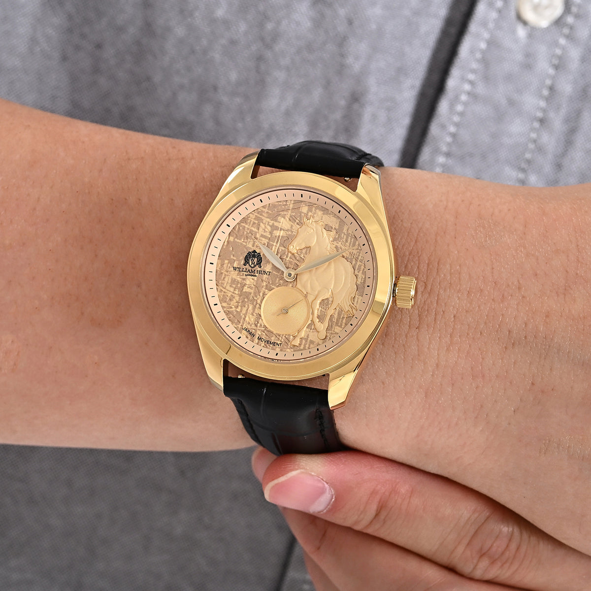 William Hunt Relief Horse Miyota 1L45 Japan Movement 5ATM WR Gold Hydraulic Meteorite Dial &amp; IPG Plating 304 Stainless Steel Case Mens Watch with Black Leather Strap 8676363 2