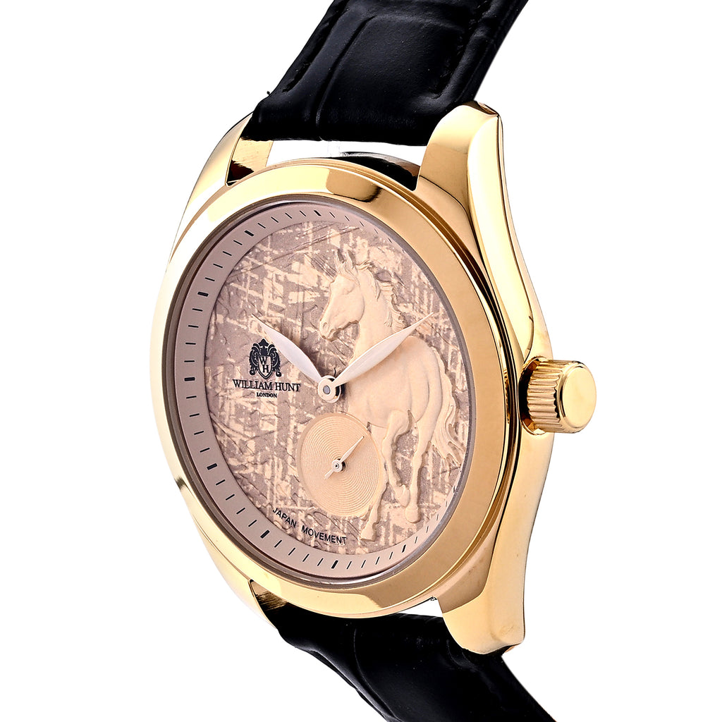 William Hunt Relief Horse Miyota 1L45 Japan Movement 5ATM WR Gold Hydraulic Meteorite Dial & IPG Plating 304 Stainless Steel Case Mens Watch with Black Leather Strap_8676363_2