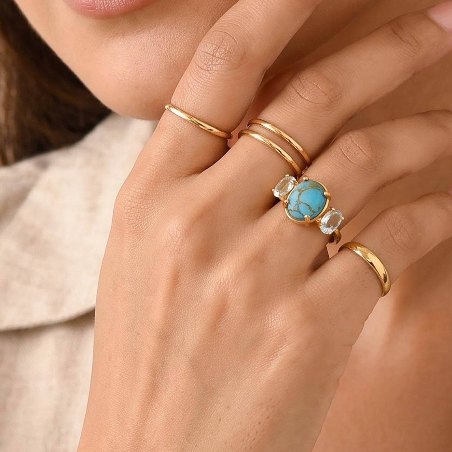 EverTrue - Blue Turquoise &amp; Skyblue Topaz Trilogy Ring in Yellow Gold Tone 5.53 Ct. 8676365 3