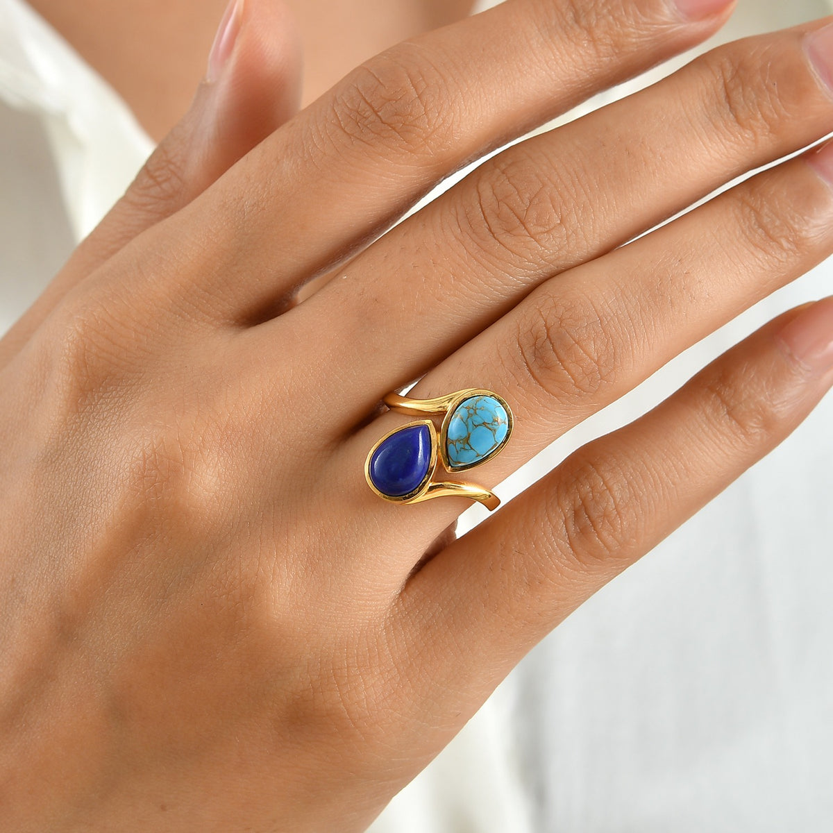 EverTrue - Blue Turquoise &amp; Lapis Lazuli Toi et Moi Ring in Yellow Gold Tone 4.30 Ct. V32577992 2