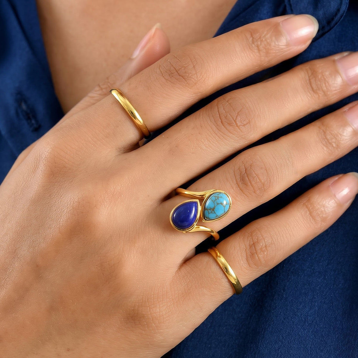 EverTrue - Blue Turquoise &amp; Lapis Lazuli Toi et Moi Ring in Yellow Gold Tone 4.30 Ct. V32577992 3