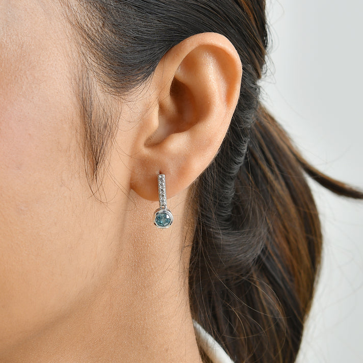 D'Joy - AAA RatanakirI Blue Zircon &amp; White Zircon Dangle Push Post Earring in Rhodium Overlay Sterling Silver 2.00 Ct. 8676605 2