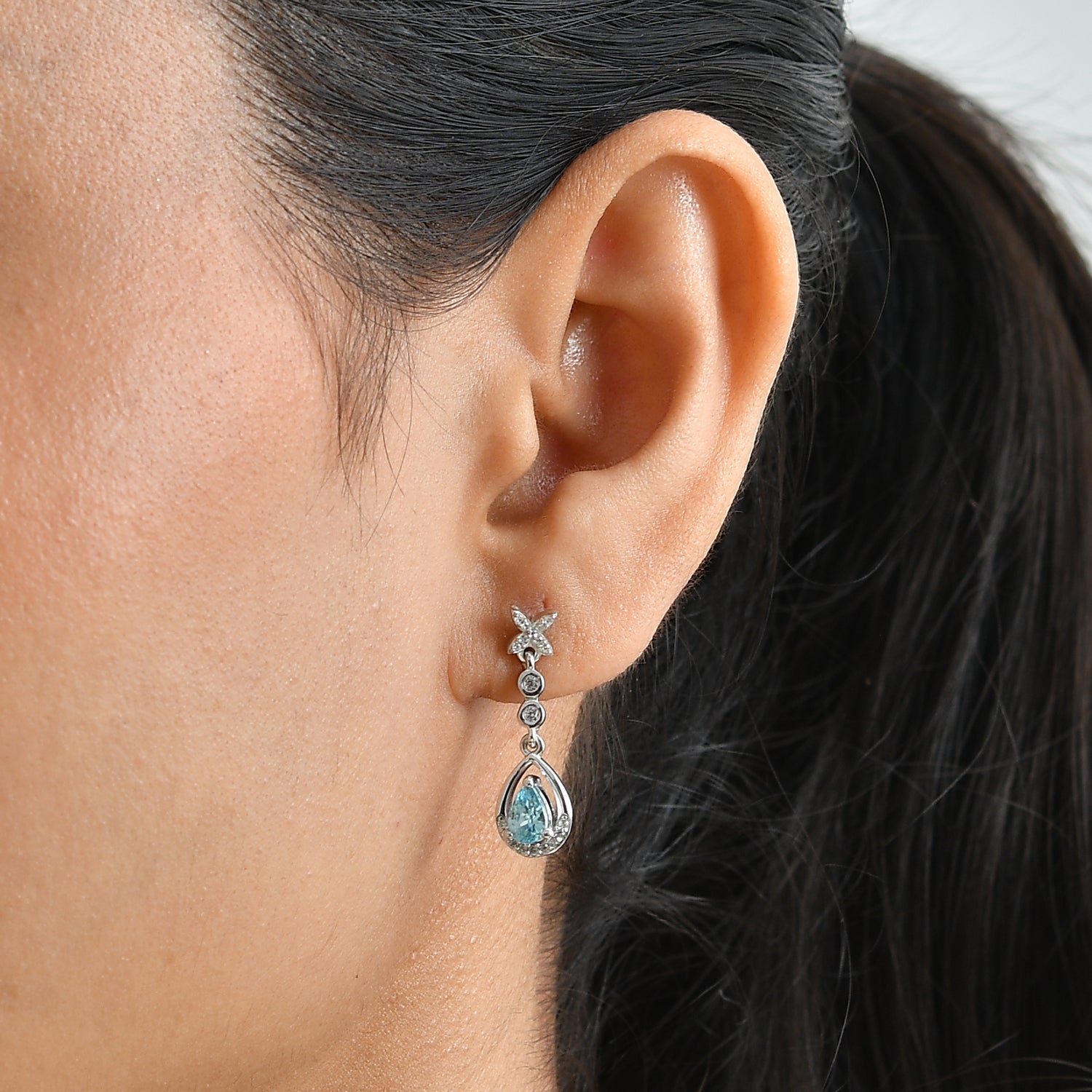 D'Joy - AAA Ratanakiri Blue Zircon &amp; White Zircon Dangling Earring with Push Back in Rhodium Overlay Sterling Silver 1.60 Ct. V32512976 2