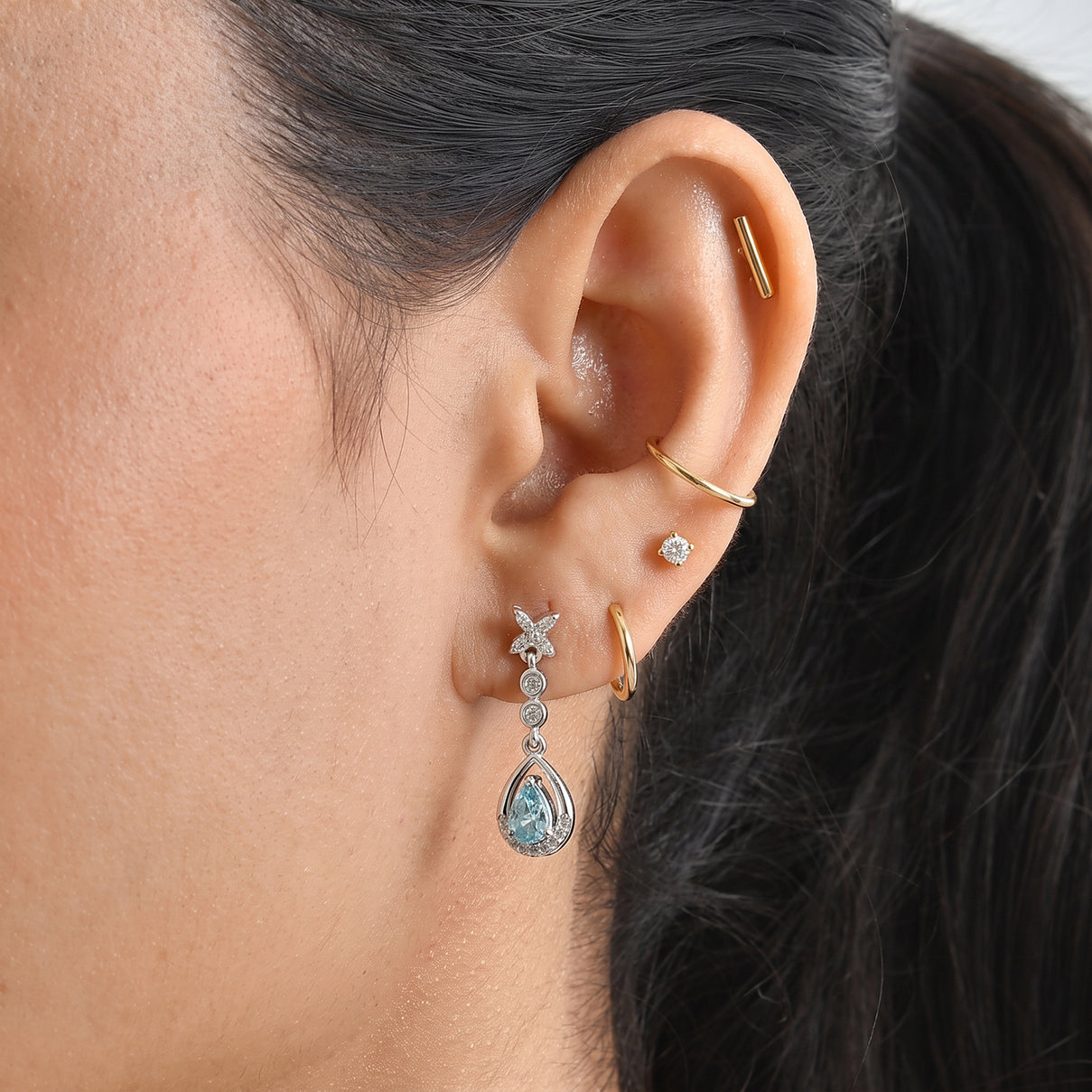 D'Joy - AAA Ratanakiri Blue Zircon &amp; White Zircon Dangling Earring with Push Back in Rhodium Overlay Sterling Silver 1.60 Ct. V32512976 3