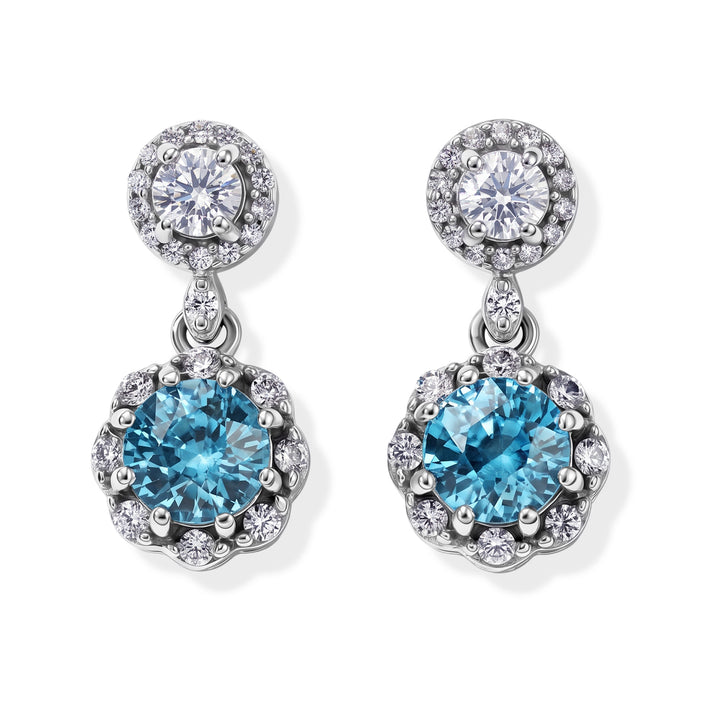 D'Joy - AAA Ratanakiri Blue Zircon &amp; White Zircon Halo Drop Earring with Push Back in Rhodium Overlay Sterling Silver 2.50 Ct. 8676607 1