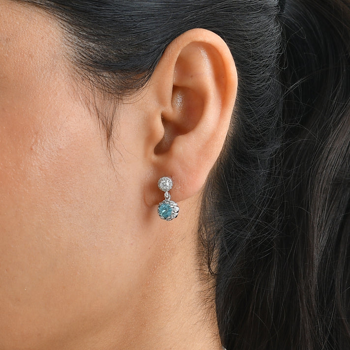 D'Joy - AAA Ratanakiri Blue Zircon &amp; White Zircon Halo Drop Earring with Push Back in Rhodium Overlay Sterling Silver 2.50 Ct. 8676607 2