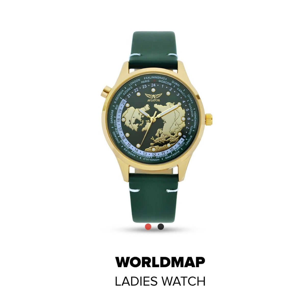 Aviator F-Series Worldmap Quartz Movement Water Resistant Green &amp; Gold World Map Dial &amp; Gold Plated Case Ladies Watch with Green Genuine Leather Strap V32567475 0