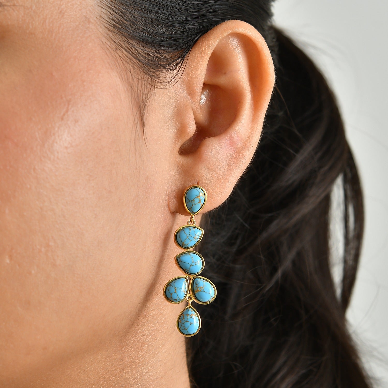 EverTrue - Blue Turquoise Cluster Dangling Earring with Push Back in Yellow Gold Tone 11.90 Ct. 8677126 2