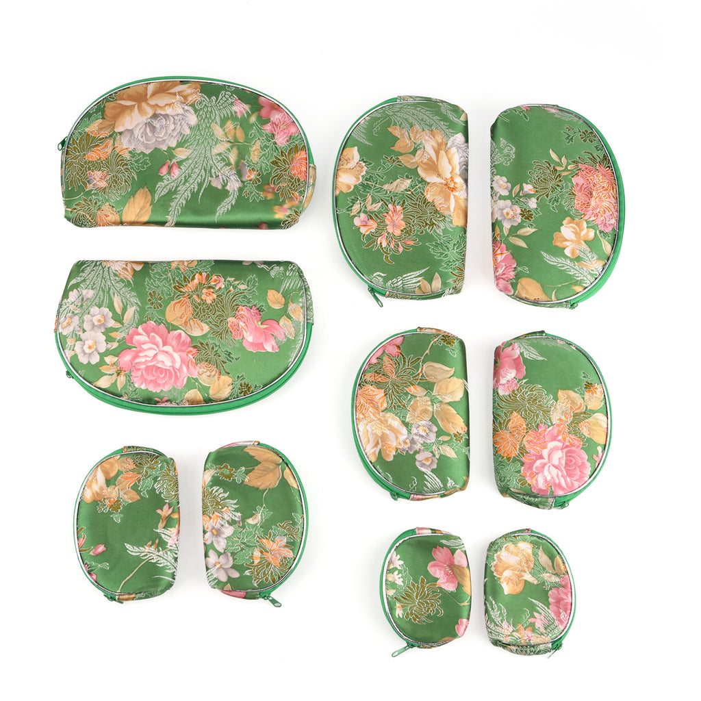 Set of 10 Floral Print Zippered Jewellery & Cosmetic Pouches - Green_8677129