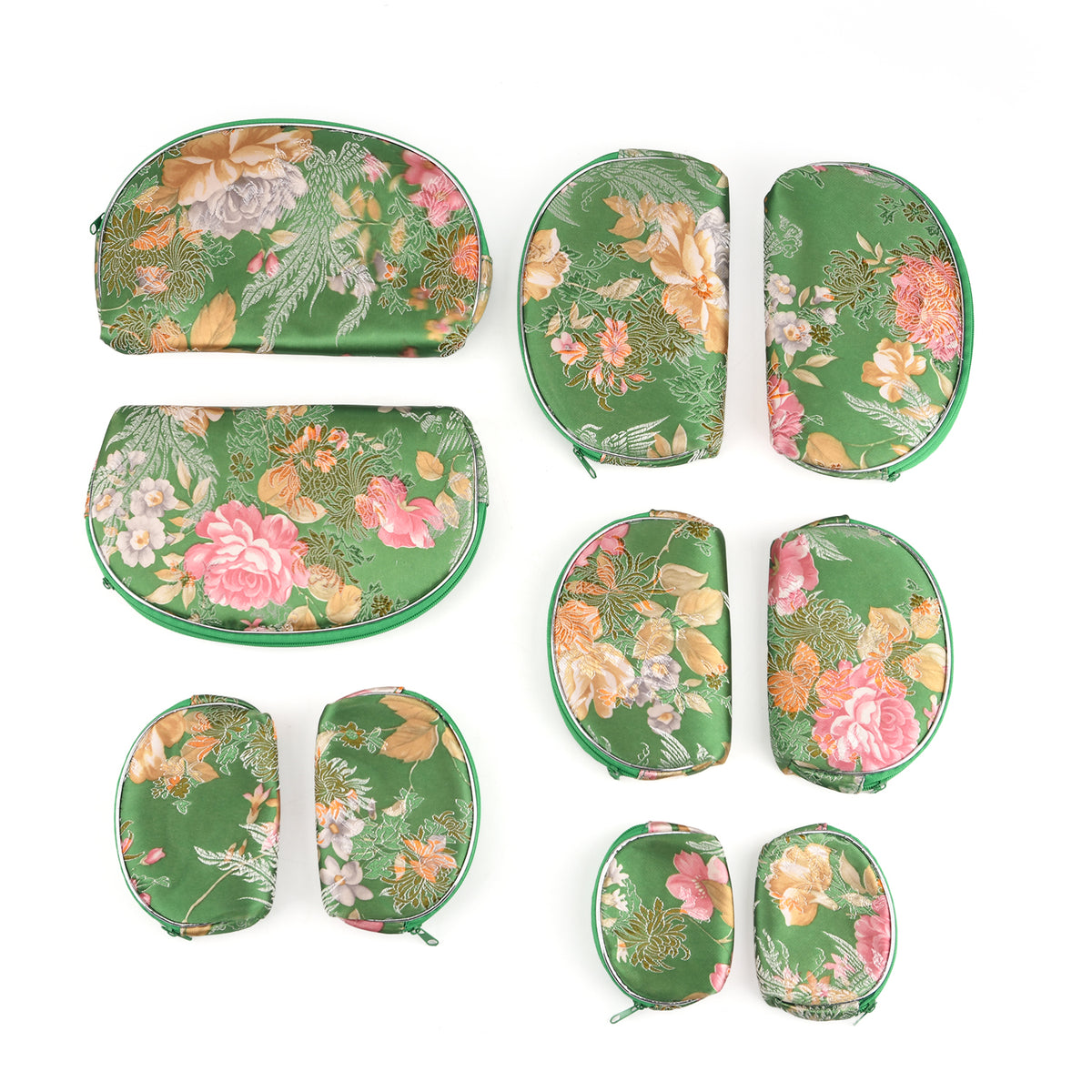 Set of 10 Floral Print Zippered Jewellery &amp; Cosmetic Pouches - Green V32637360 0