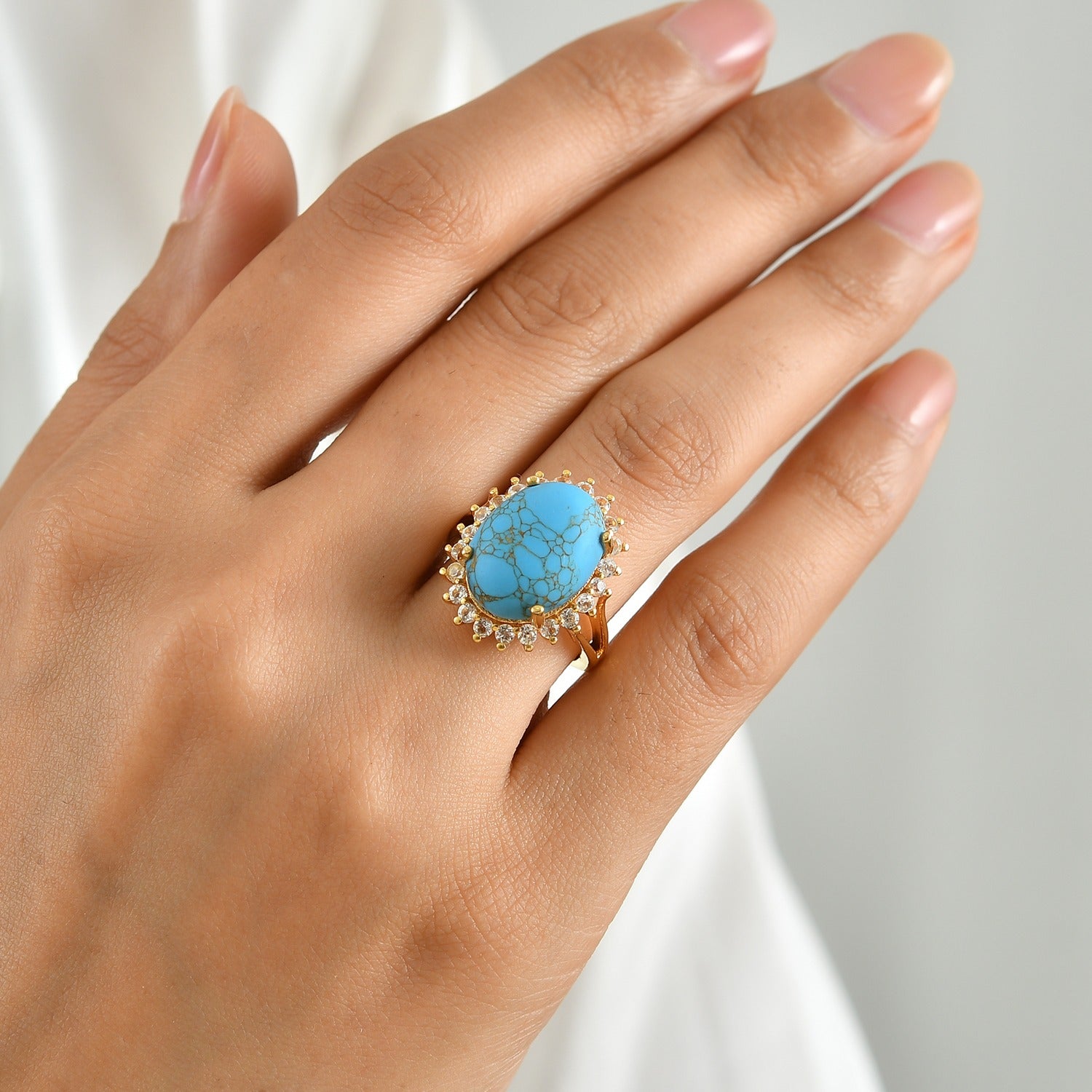 EverTrue - Blue Turquoise &amp; White Topaz Halo Ring in Yellow Gold Tone 8.90 Ct. 8677162 2