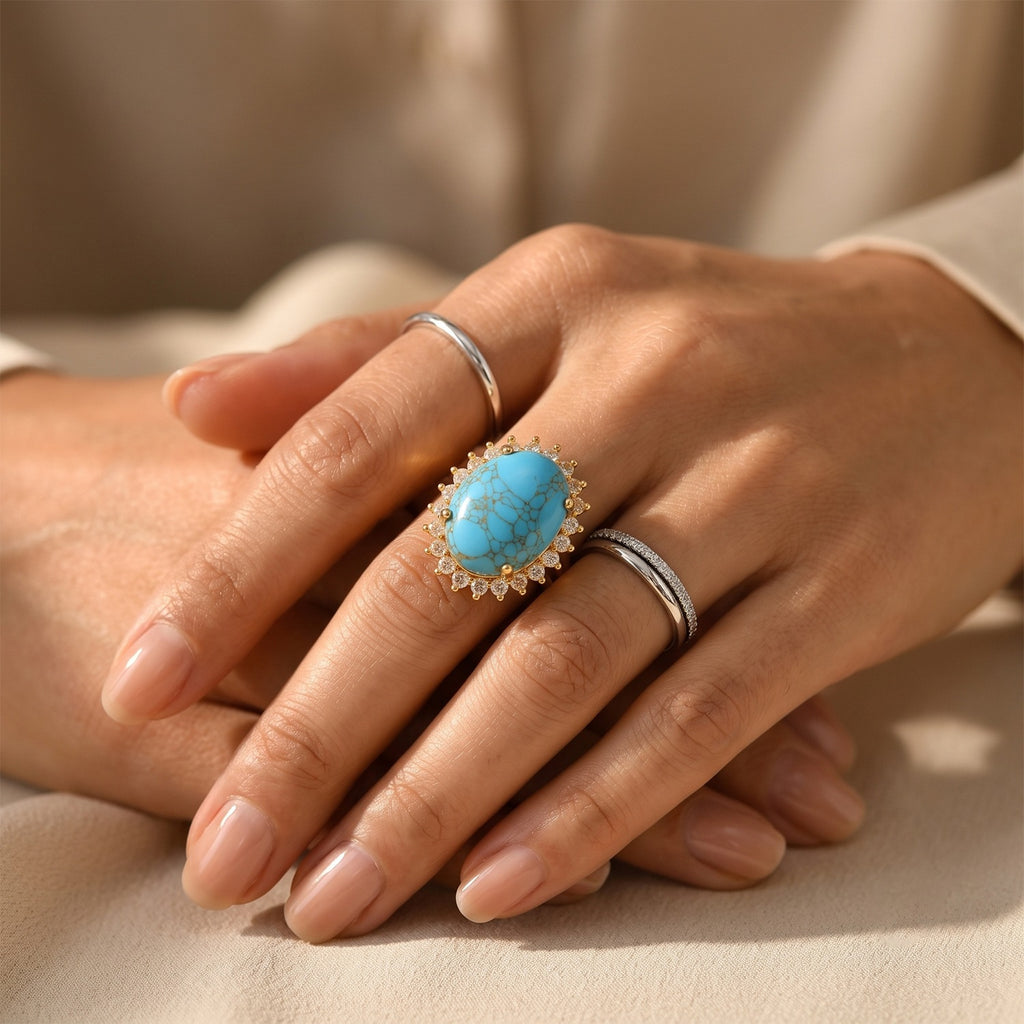 Blue Turquoise, White Topaz Ring Pure Yellow Brass  8.927  Ct._8677162_2