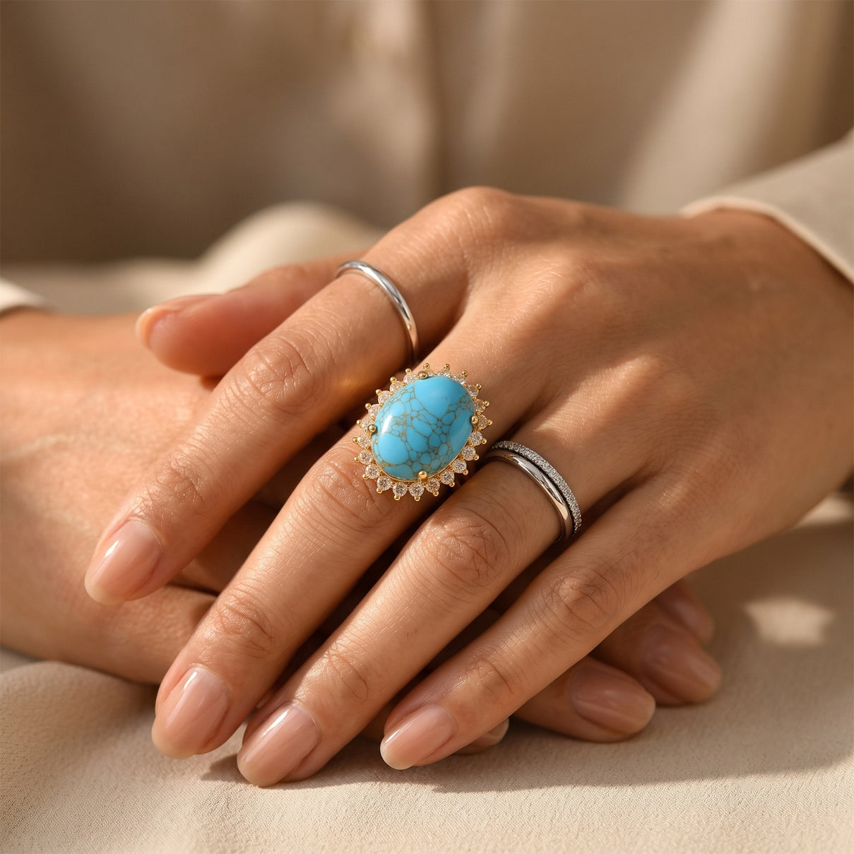 EverTrue - Blue Turquoise &amp; White Topaz Halo Ring in Yellow Gold Tone 8.90 Ct. 8677162 3