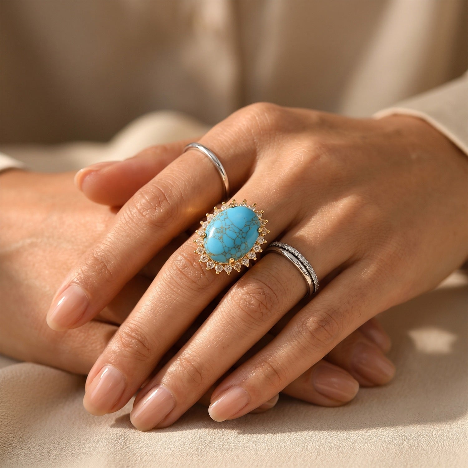 EverTrue - Blue Turquoise &amp; White Topaz Halo Ring in Yellow Gold Tone 8.90 Ct. 8677162 3