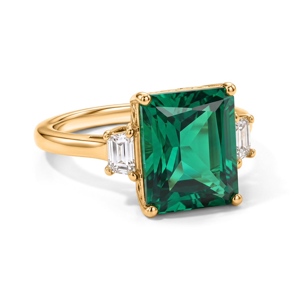 Biggest Size - Lab Grown Columbian Emerald & Lab Grown Diamond (SI/G-H) Trilogy Ring in 18K Vermeil Yellow Gold Plated Sterling Silver 4.18 Ct._8677527