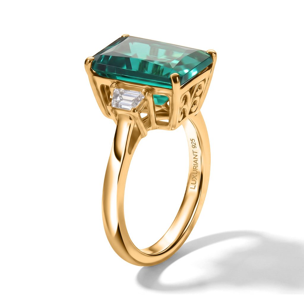 Biggest Size - Lab Grown Columbian Emerald & Lab Grown Diamond (SI/G-H) Trilogy Ring in 18K Vermeil Yellow Gold Plated Sterling Silver 4.18 Ct._8677527_3