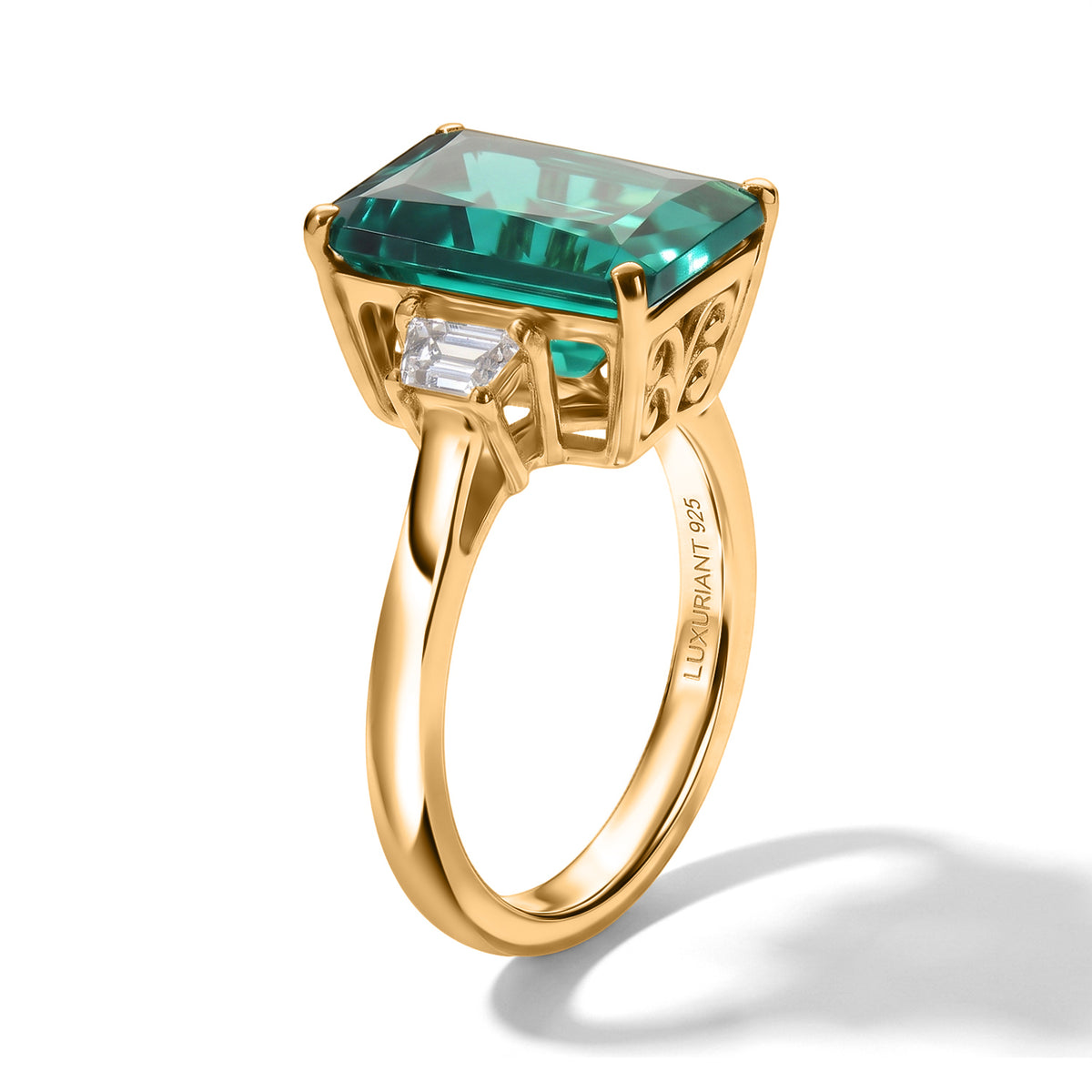 Biggest Size - Lab Grown Columbian Emerald &amp; Lab Grown Diamond (SI/G-H) Trilogy Ring in 18K Vermeil Yellow Gold Plated Sterling Silver 4.18 Ct. 8677527 4