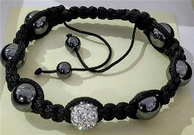 Hematite &amp; Crystal Ball Shambhala Bracelet with Brown Cord (Size 6.5-9.5, Adjustable) 89.00 Ct. V32580945 0