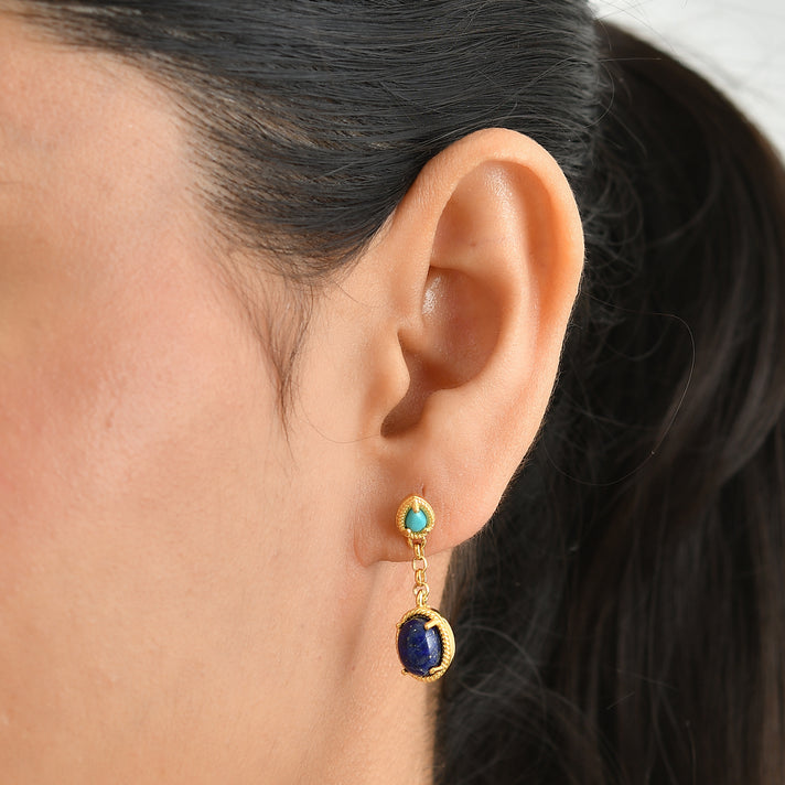 EverTrue - Lapis Lazuli &amp; Sleeping Beauty Turquoise Dangling Earring with Push Post in Yellow Gold Tone 3.86 Ct. 8680725 2