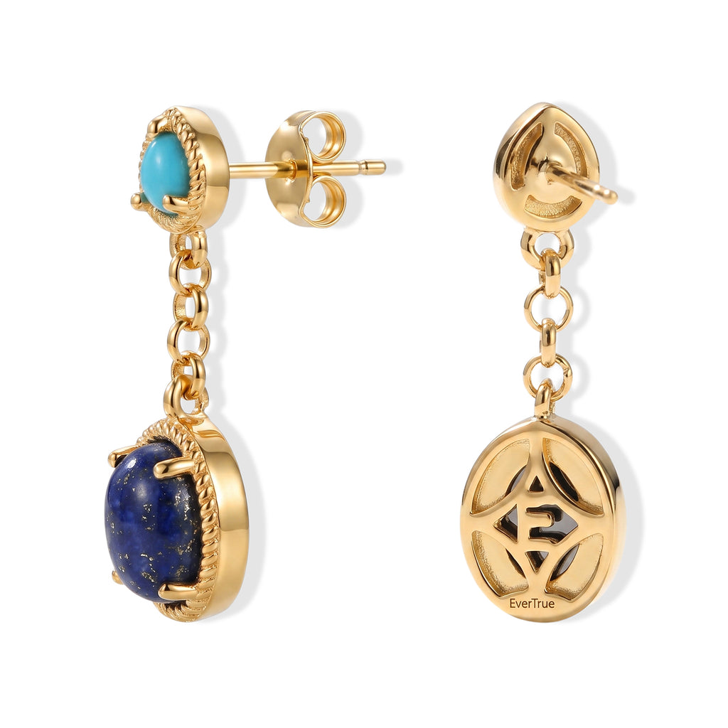EverTrue - Lapis Lazuli & Sleeping Beauty Turquoise Dangling Earring with Push Post in Yellow Gold Tone 3.86 Ct._8680725_3