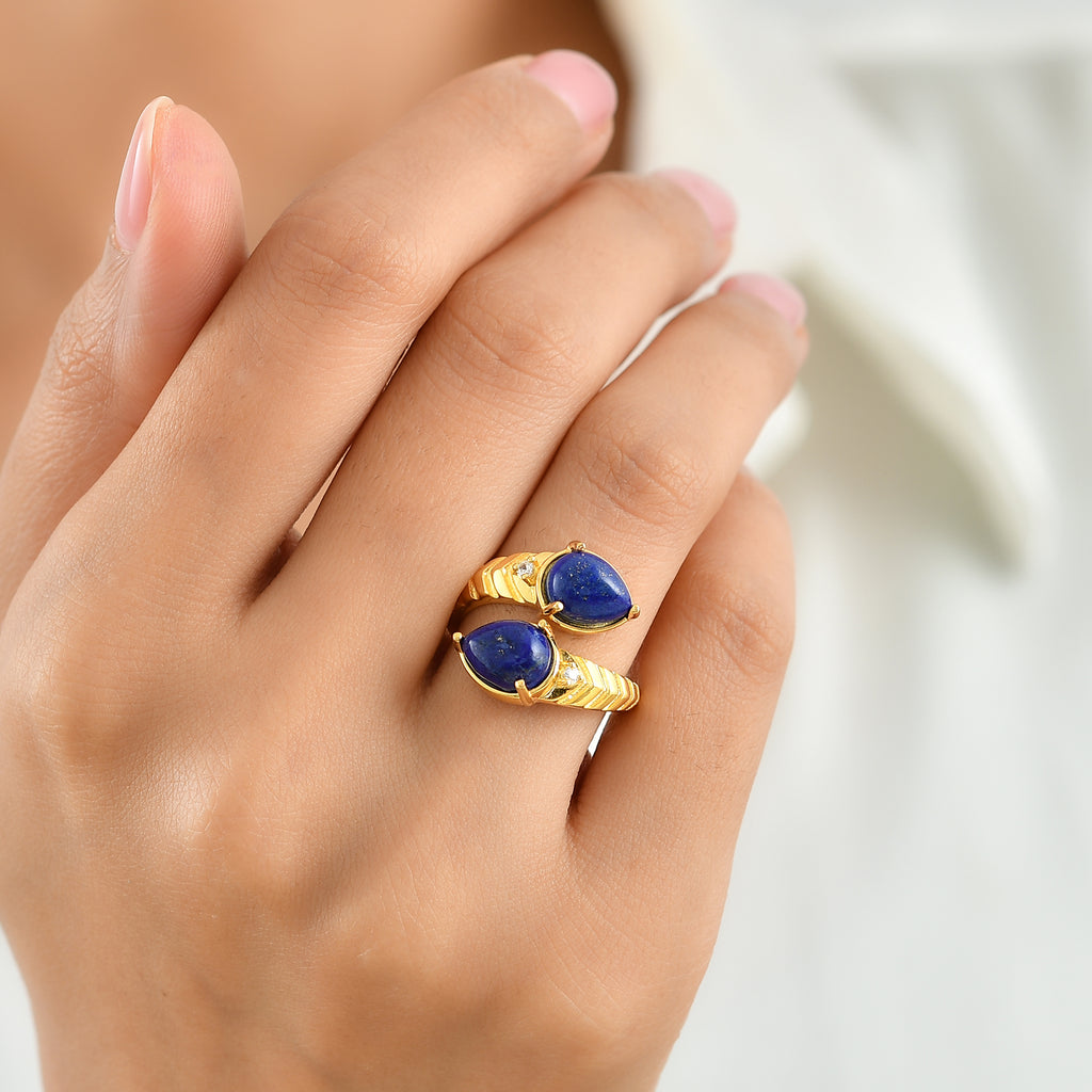 EverTrue - Lapis Lazuli & White Zircon Bypass Ring in Yellow Gold Tone 4.53 Ct._8680753_1