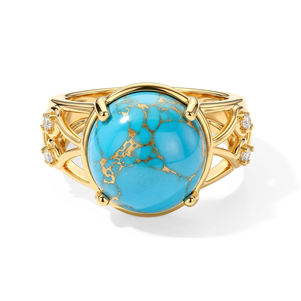 EverTrue Blue Turquoise, White Zircon Solitaire Ring Pure Yellow Brass  6.163  Ct._8680756
