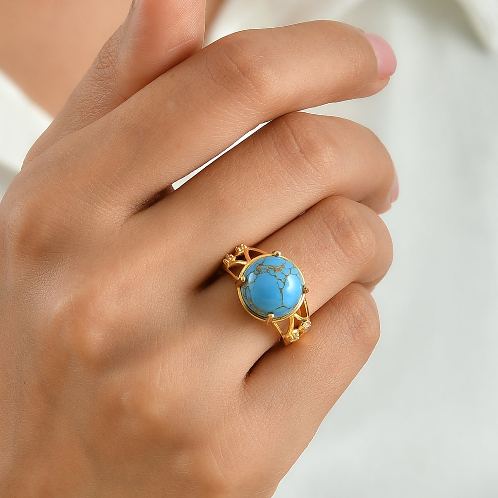 EverTrue Blue Turquoise, White Zircon Solitaire Ring Pure Yellow Brass  6.163  Ct._8680756_1