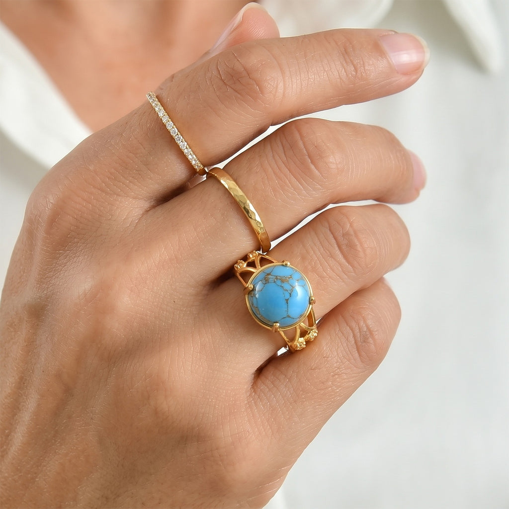 EverTrue Blue Turquoise, White Zircon Solitaire Ring Pure Yellow Brass  6.163  Ct._8680756_2