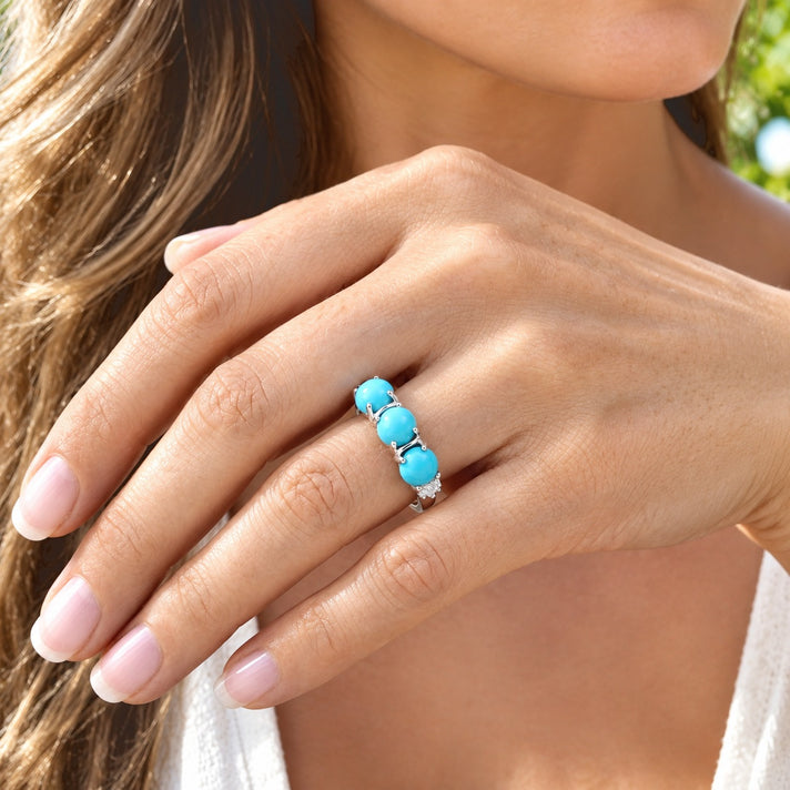 D'Joy - Natural Sleeping Beauty Turquoise &amp; White Diamond Ring in Rhodium Overlay Sterling Silver 1.30 Ct. 8680862 2