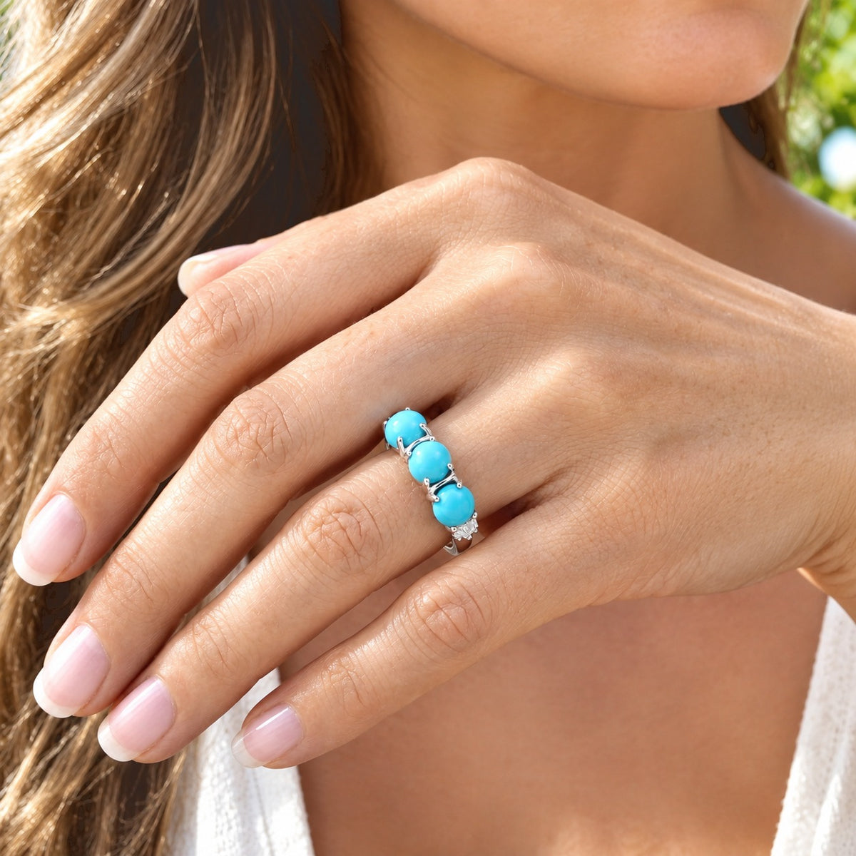 D'Joy - Natural Sleeping Beauty Turquoise &amp; White Diamond Ring in Rhodium Overlay Sterling Silver 1.30 Ct. V32732153 1