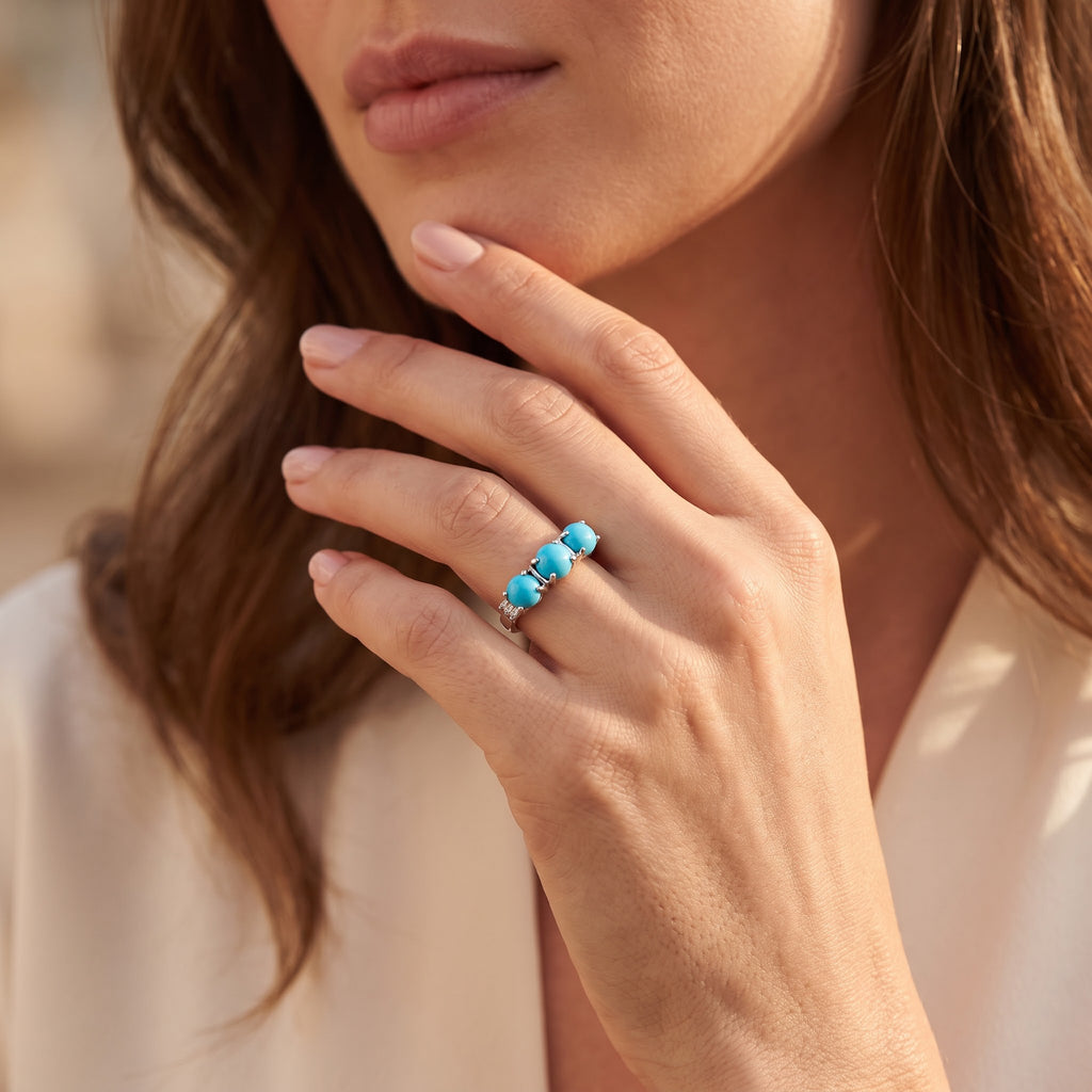 D'Joy - Natural Sleeping Beauty Turquoise & White Diamond Ring in Rhodium Overlay Sterling Silver 1.30 Ct._8680885_2