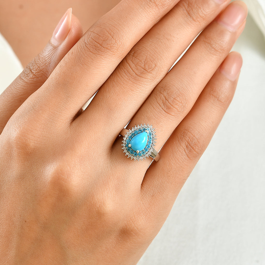 D'Joy Blue Turquoise, White Zircon, Neon Apatite Main Stone With Side Stone Ring in Rhodium OverlaySterling Silver  1.876  Ct._8681871_1