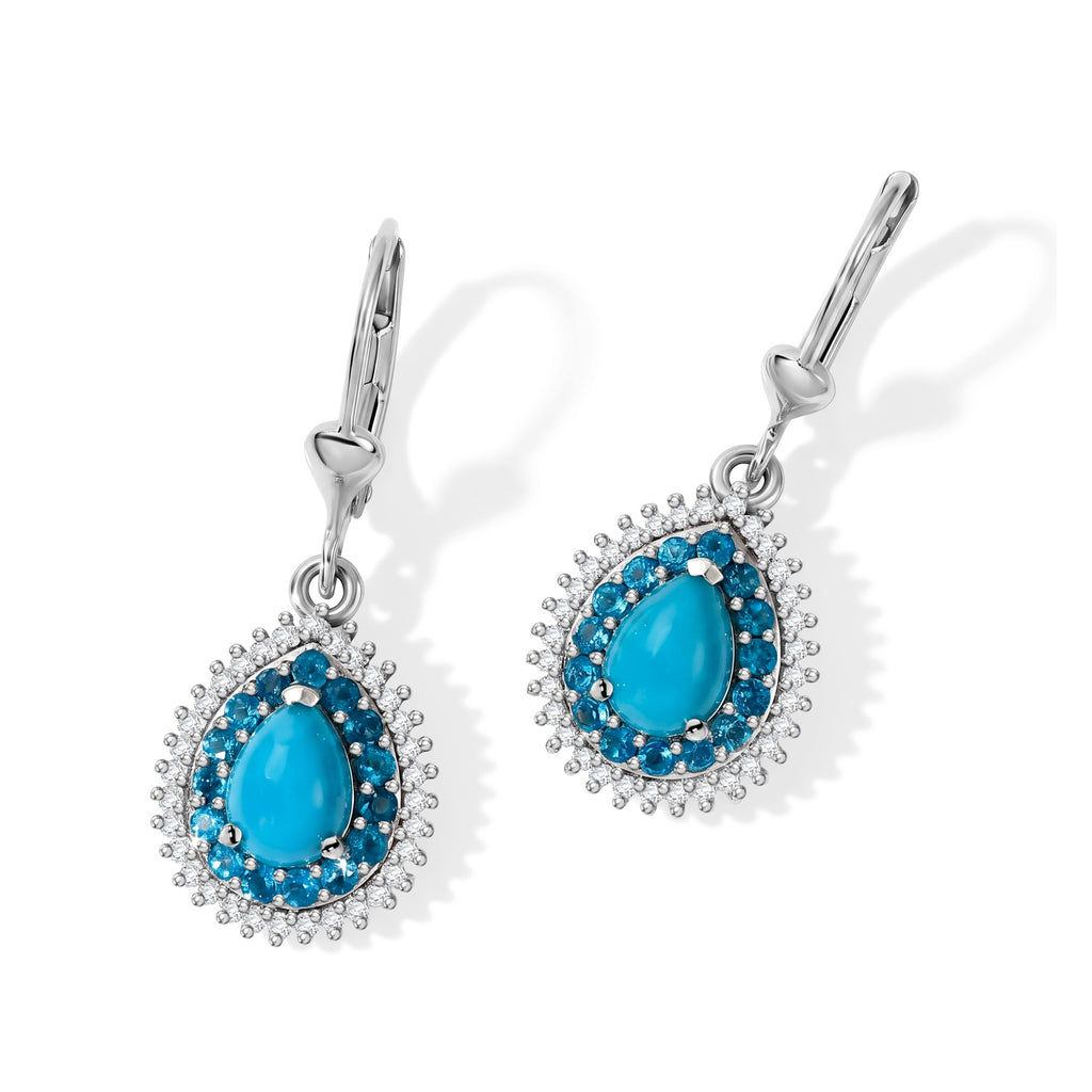 D'Joy Blue Turquoise, White Zircon, Neon Apatite Main Stone With Side Stone Earring in Rhodium OverlaySterling Silver  2.312  Ct._8681899