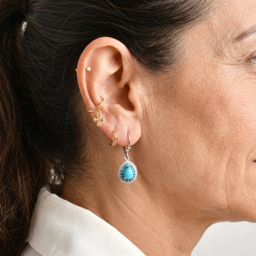 D'Joy Blue Turquoise, White Zircon, Neon Apatite Main Stone With Side Stone Earring in Rhodium OverlaySterling Silver  2.312  Ct._8681899_2