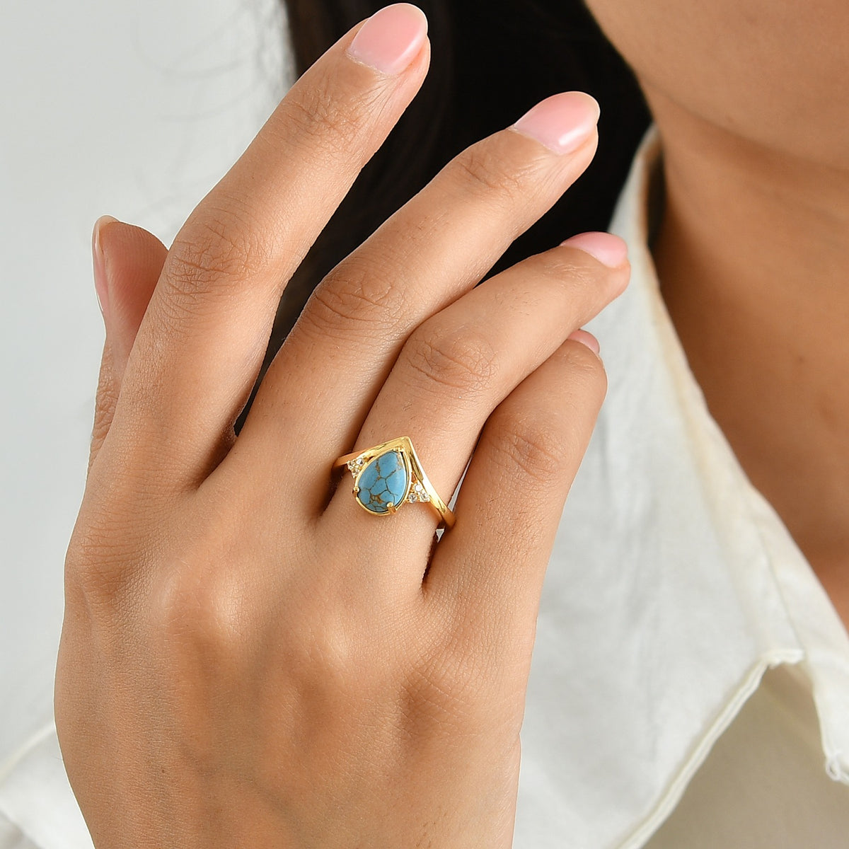EverTrue - Blue Turquoise &amp; White Zircon Ring in Yellow Gold Tone 1.70 Ct. V32578067 2