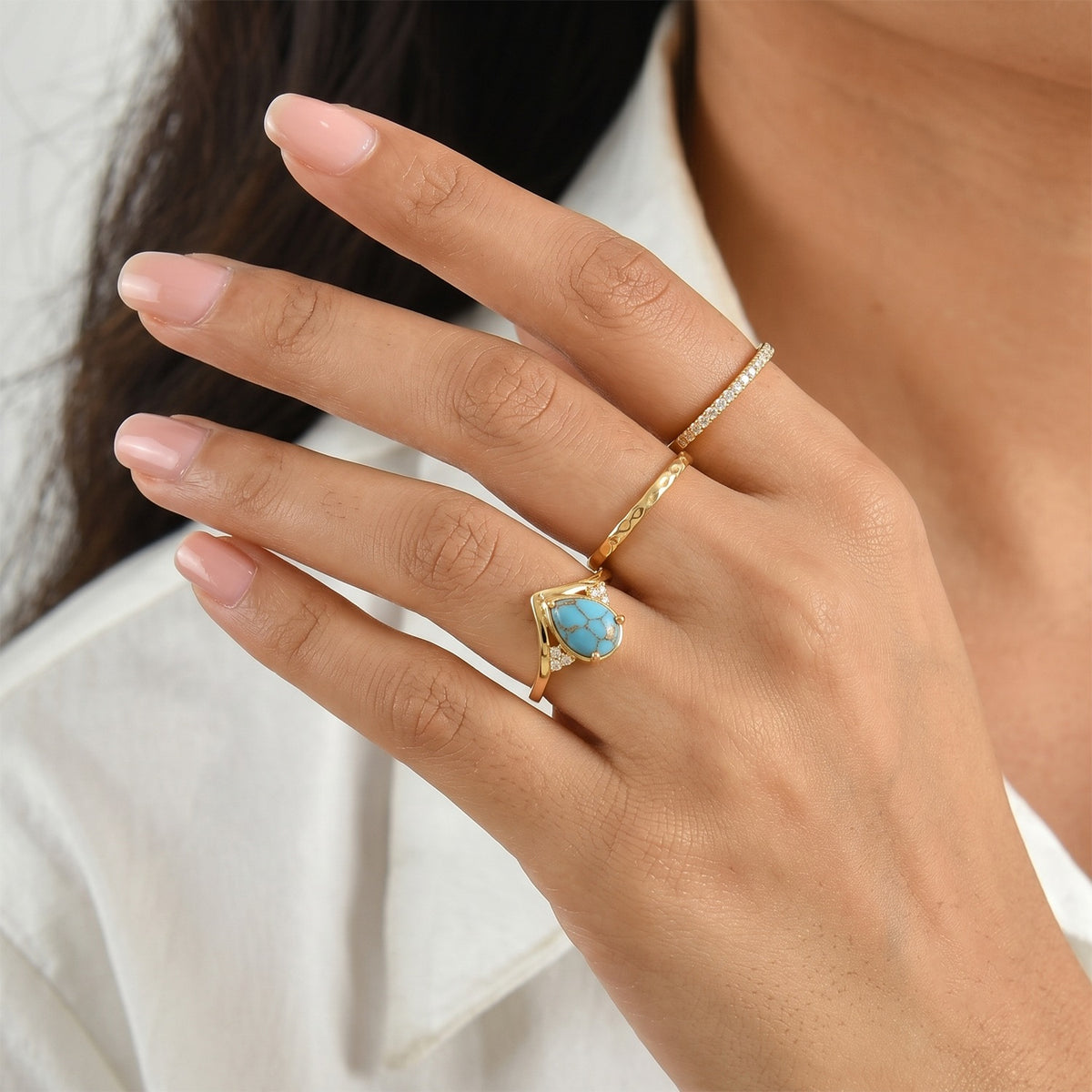 EverTrue - Blue Turquoise &amp; White Zircon Ring in Yellow Gold Tone 1.70 Ct. V32578067 3