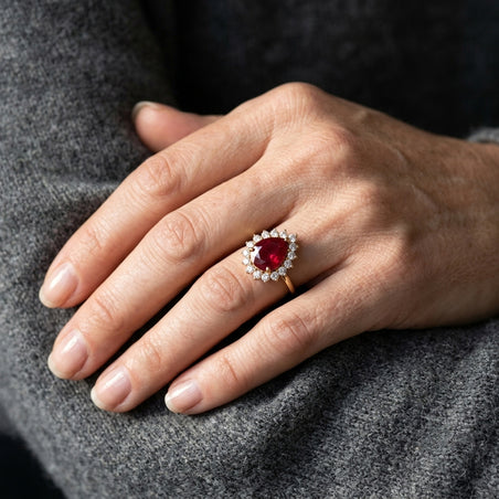 AAA African Ruby (5.50Cts) &amp; Luxuriant Lab Grown Diamond (SI/GH 1.00 Ct) Halo Ring in 18K Vermeil Yellow Gold Plated Sterling Silver 6.50 Ct. 8683684 2