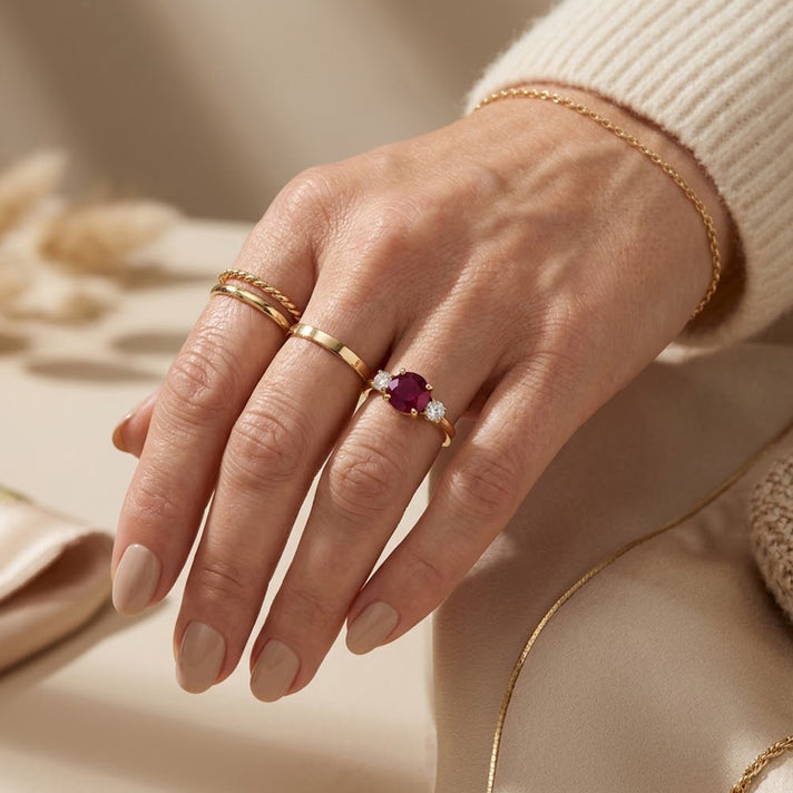 Luxuriant - Premium African Ruby &amp; Lab Grown Diamond Trilogy Ring in 18K Vermeil Yellow Gold Plated Sterling Silver 2.20 Ct. 8683754 2