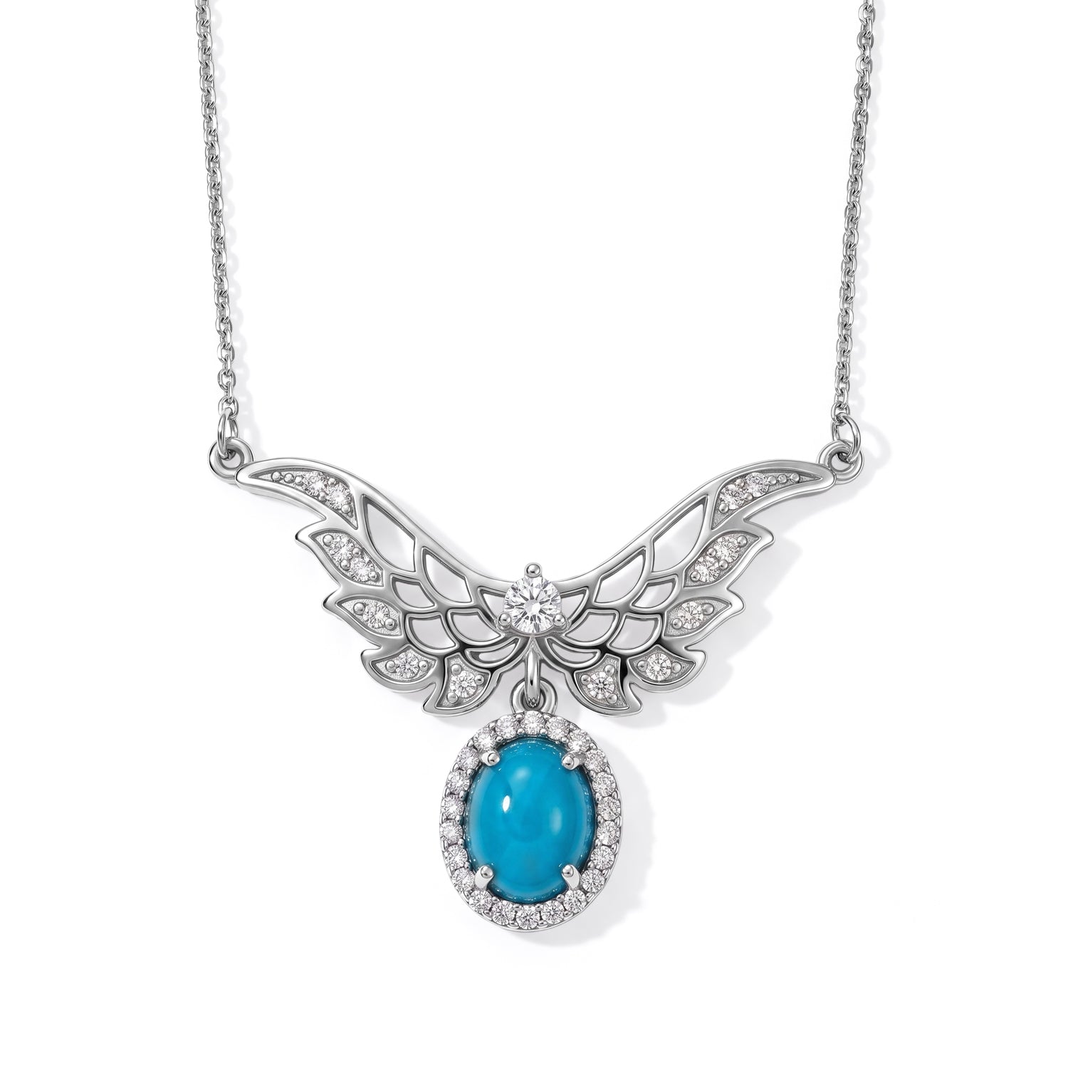 D'Joy Blue Turquoise, White Zircon Main Stones With Stone Neckalce (Size - 20) in Rhodium OverlaySterling Silver  2.285  Ct. 8683938 0