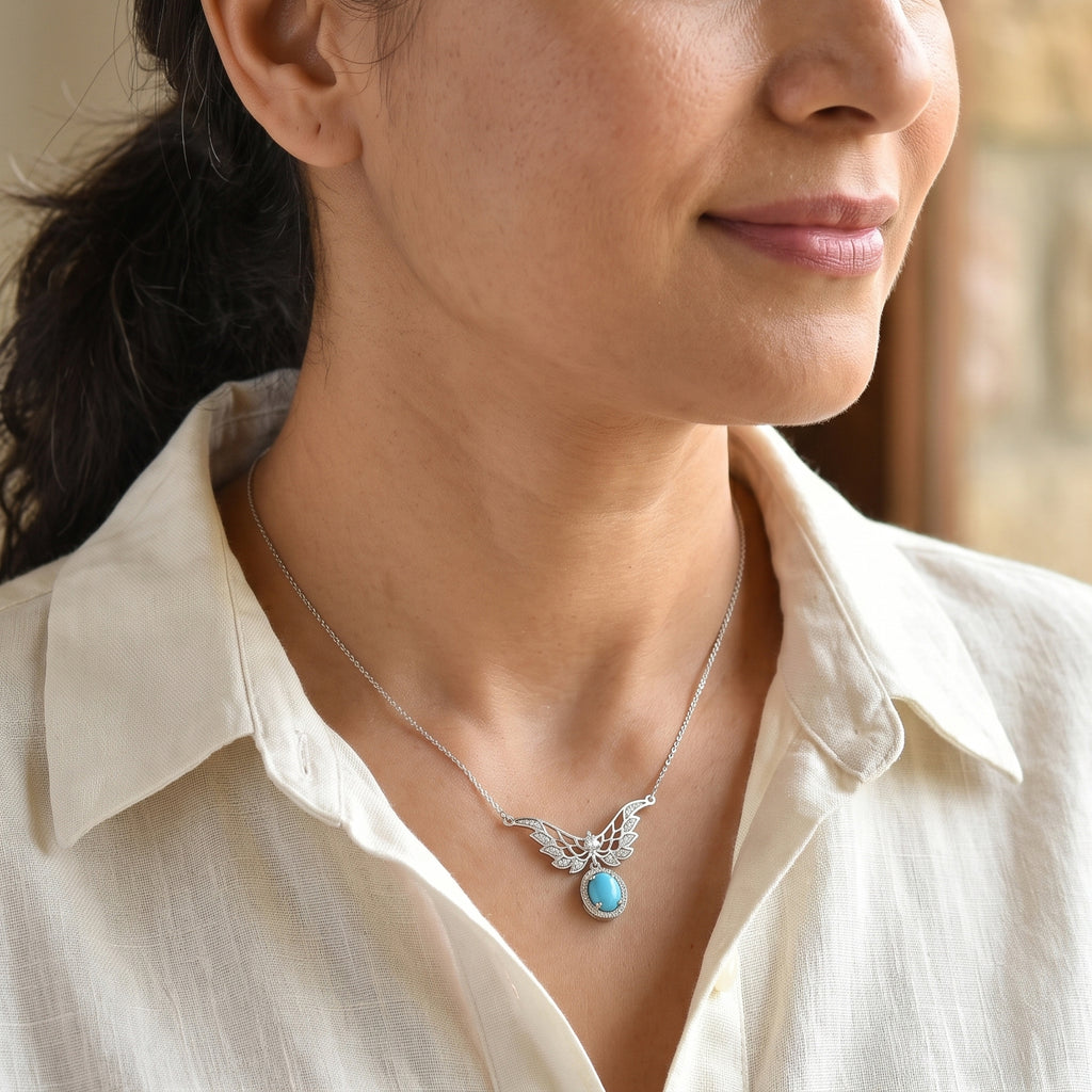 D'Joy Blue Turquoise, White Zircon Main Stones With Stone Neckalce (Size - 20) in Rhodium OverlaySterling Silver  2.285  Ct._8683938_1