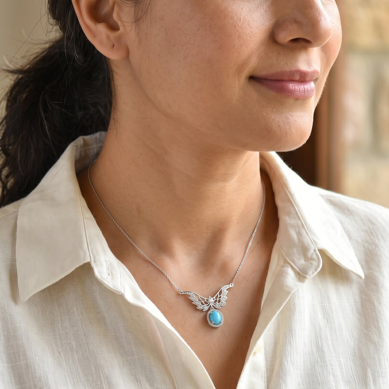 D'Joy Blue Turquoise, White Zircon Main Stones With Stone Neckalce (Size - 20) in Rhodium OverlaySterling Silver  2.285  Ct. 8683938 1