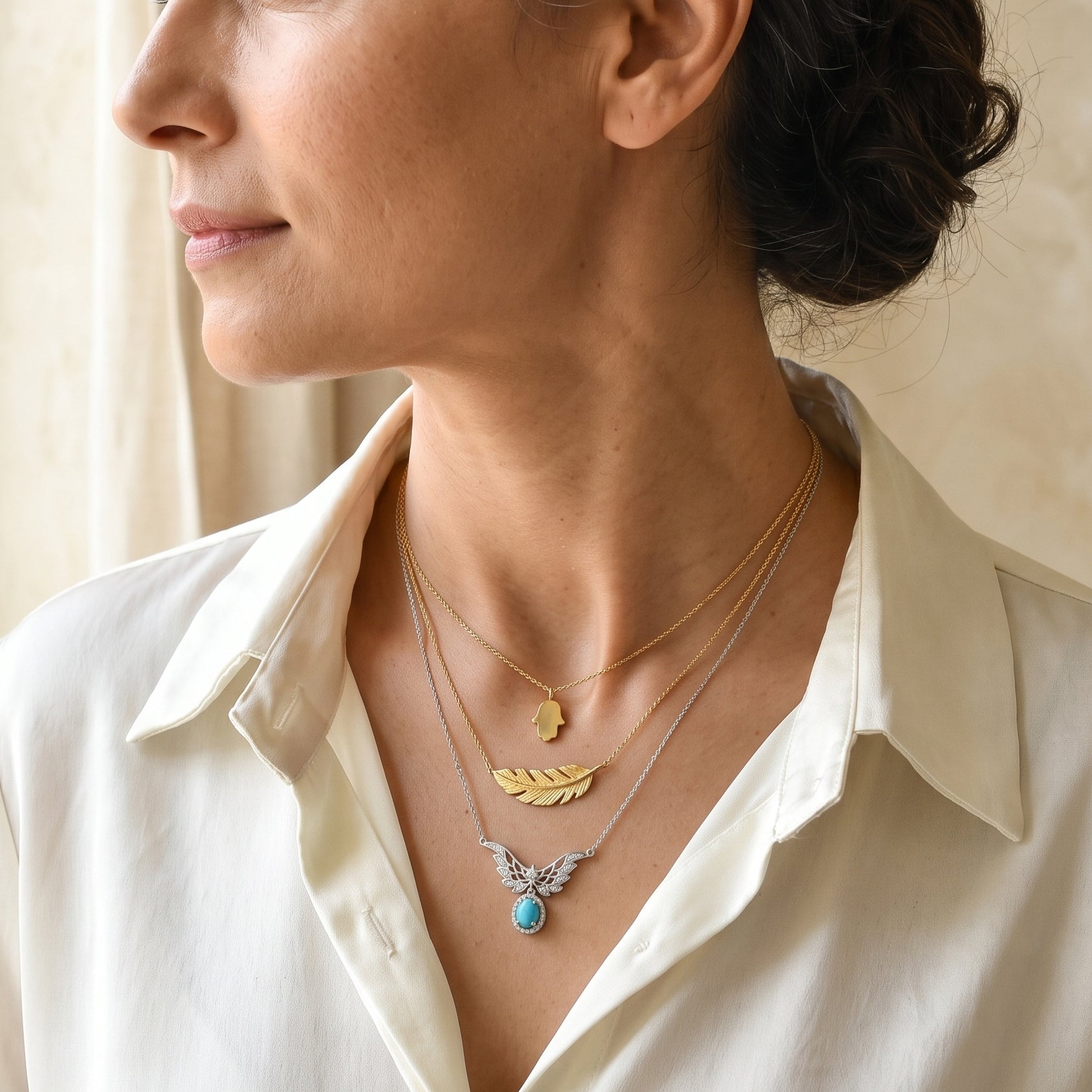 D'Joy Blue Turquoise, White Zircon Main Stones With Stone Neckalce (Size - 20) in Rhodium OverlaySterling Silver  2.285  Ct. 8683938 2