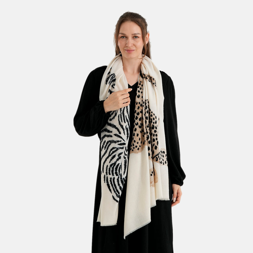 La Marey Black Animal Printed Scarf (180 x 90 cm) - Cream_8683954_1