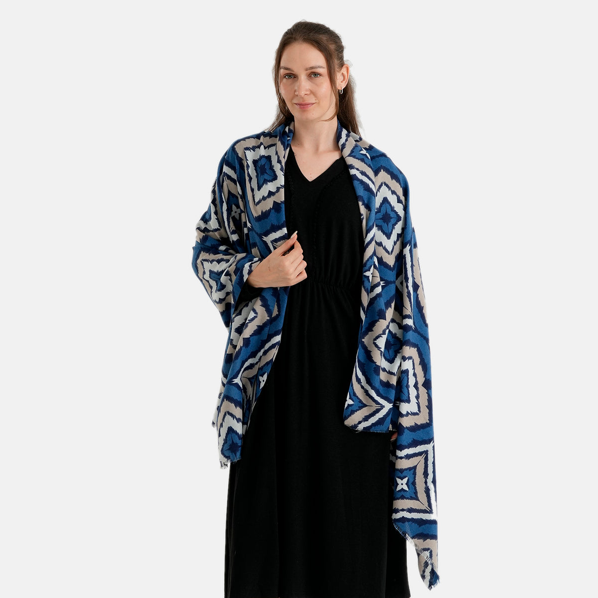 La Marey Geometric Printed Scarf (180 x 90 cm) - Royal Blue &amp; White V32621778 0
