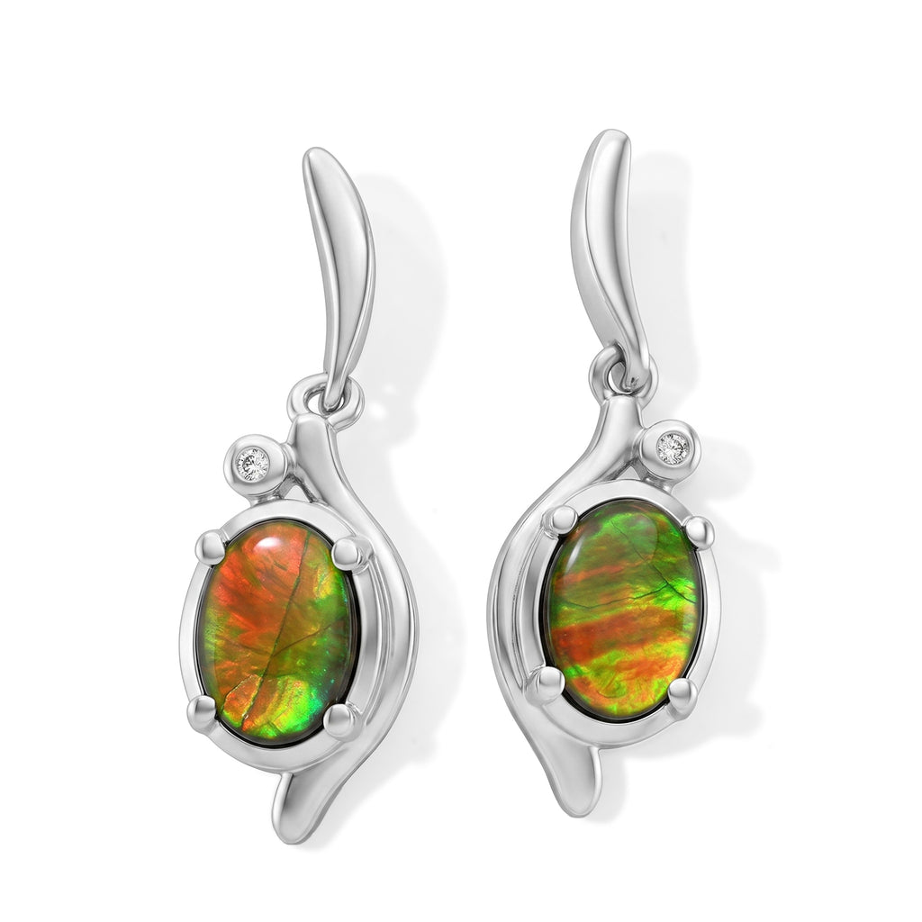 D'Joy - Ammolite & White Zircon Dangling Earring with Push Back in Rhodium Overlay Sterling Silver 1.70 Ct._8684001
