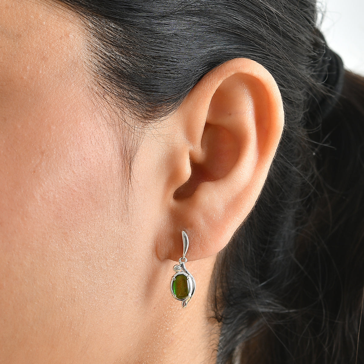 D'Joy - Ammolite &amp; White Zircon Dangling Earring with Push Back in Rhodium Overlay Sterling Silver 1.70 Ct. 8684001 1