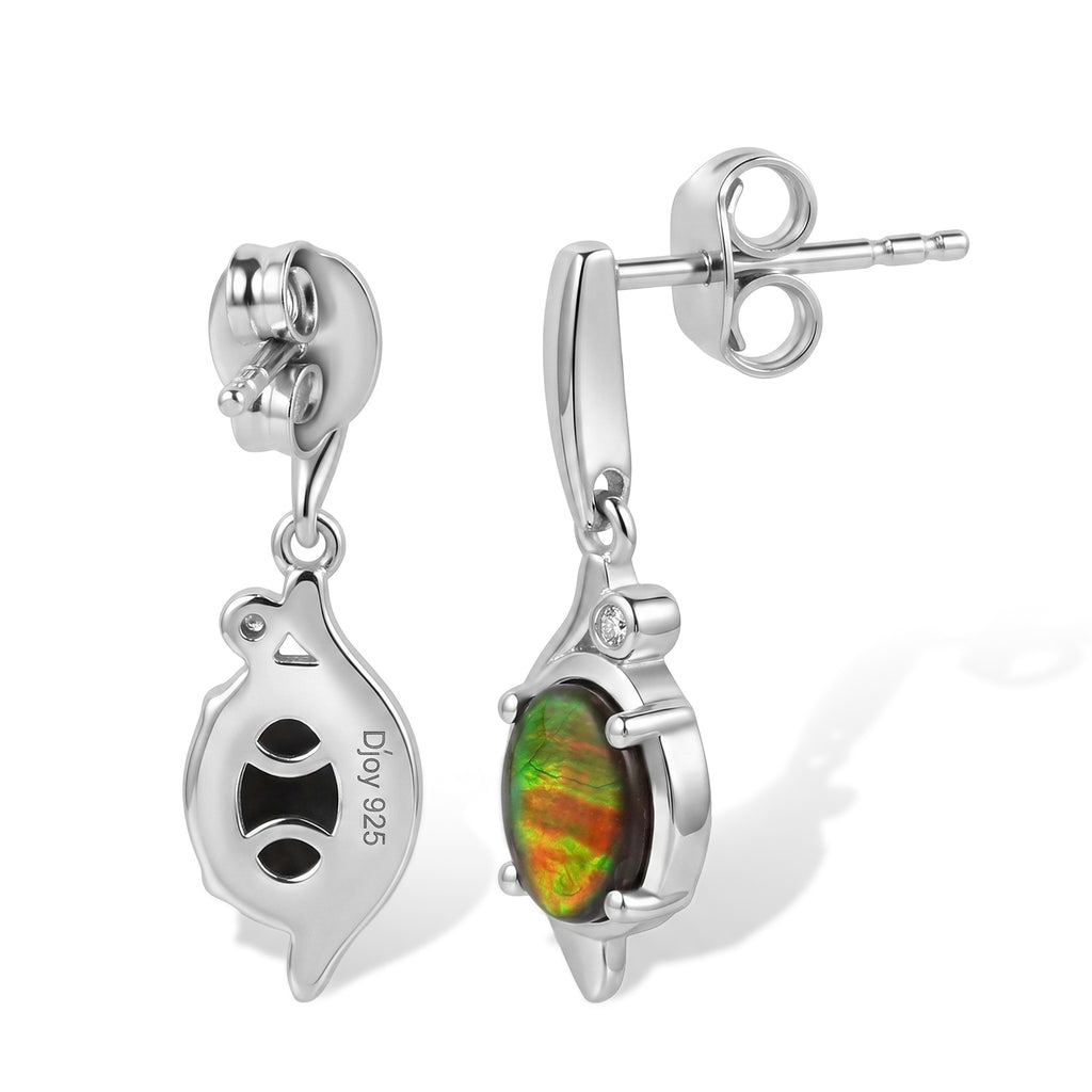 D'Joy - Ammolite & White Zircon Dangling Earring with Push Back in Rhodium Overlay Sterling Silver 1.70 Ct._8684001_2